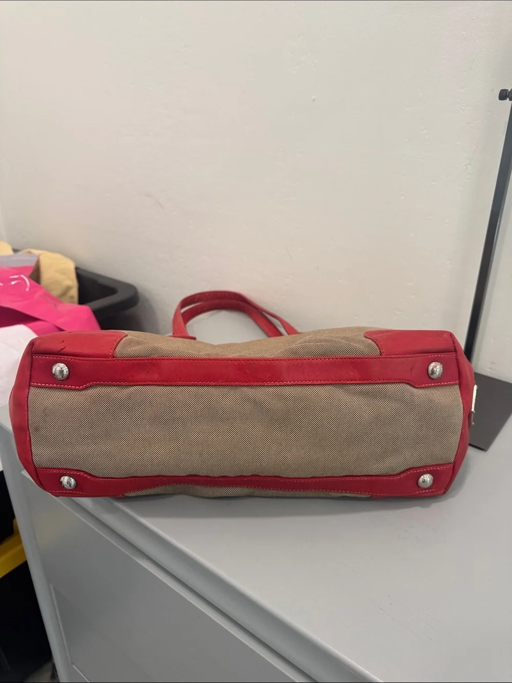 Prada Milano Canvas Tote with Red Leather Trim and Handles